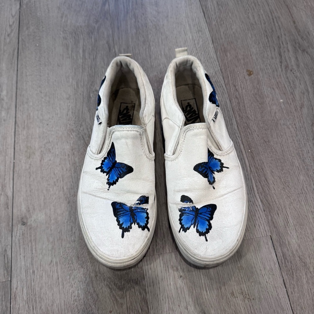 Blue Butterfly White Slip On Vans - Custom Painted Vans Shoes Youth Size 5